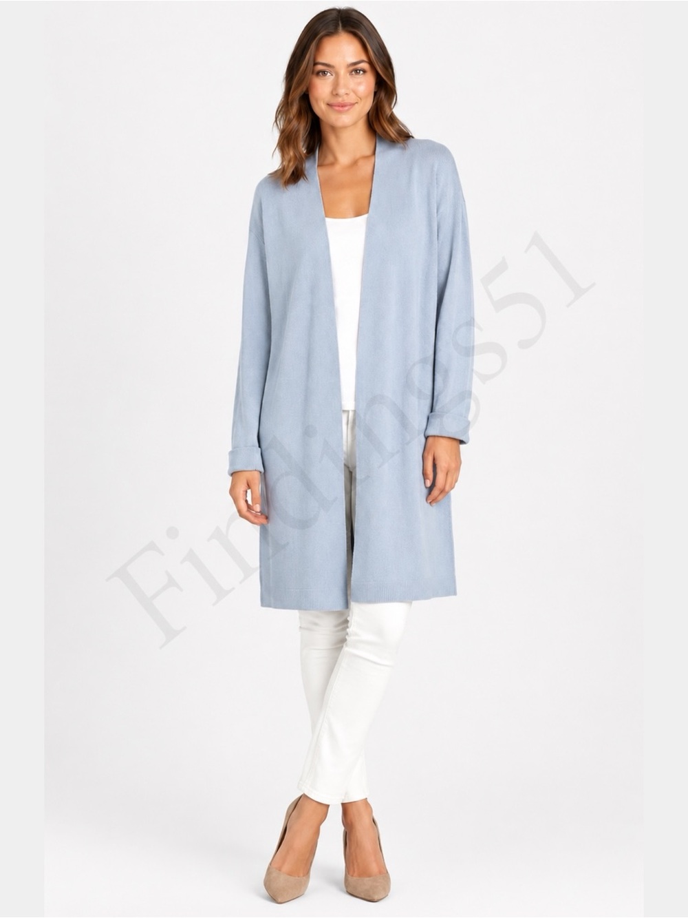 BELLINA Extra Fine Wool / Cashmere Blend Open Front Long Line Cardigan Baby Blue